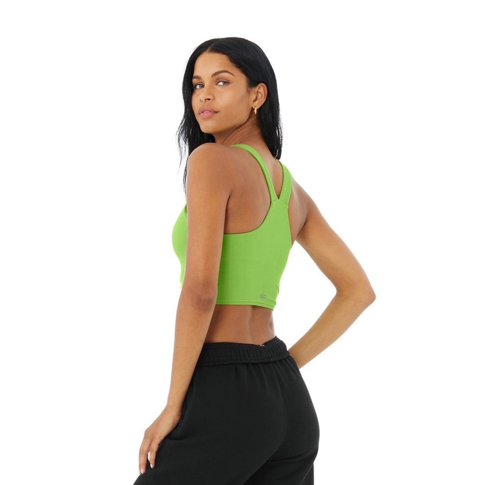 Alo Yoga Airbrush Real Bra Tank Lime Green Nylon Spandex V-Neck Cropped Yoga Top